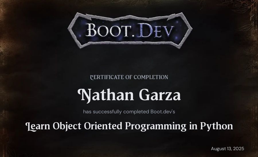 Nathan Garza's Boot.dev Learn Object Oriented Programming in Python certificate