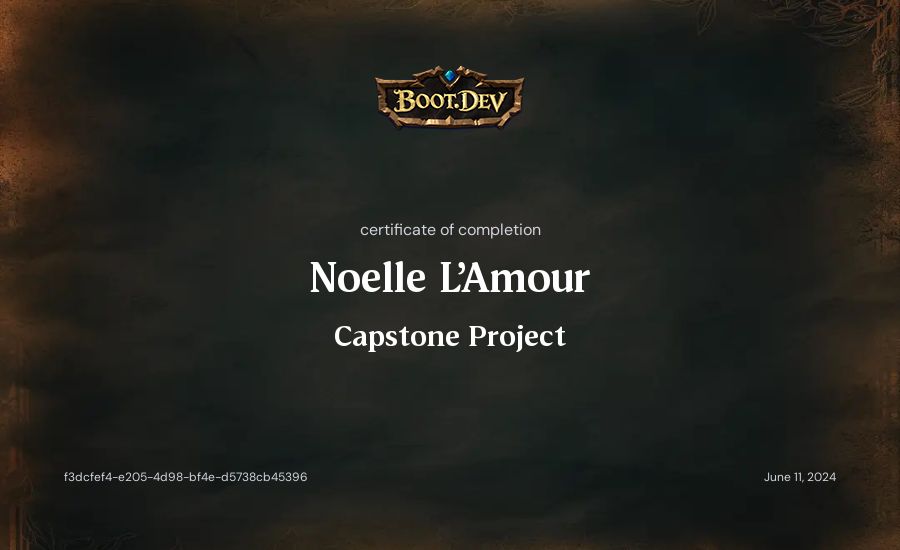 Noelle L'Amour's Boot.dev Capstone Project certificate