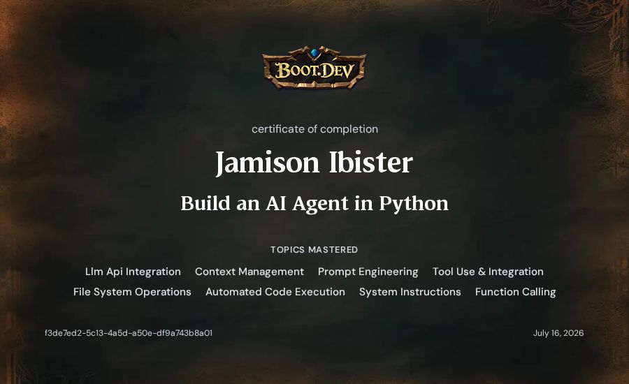 Jamison Ibister's Boot.dev Build an AI Agent in Python certificate
