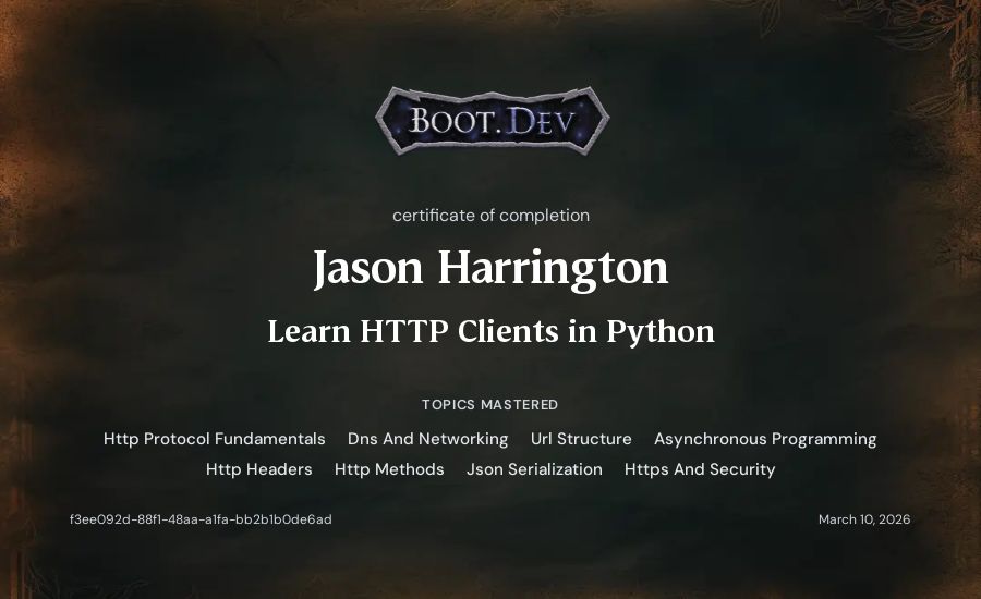 Jason Harrington's Boot.dev Learn HTTP Clients in Python certificate