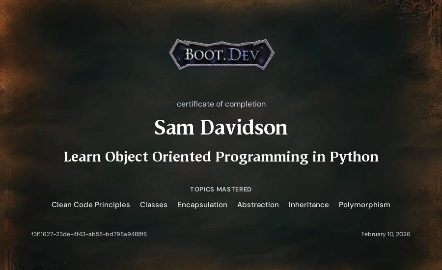 Sam Davidson's Boot.dev Learn Object Oriented Programming in Python certificate