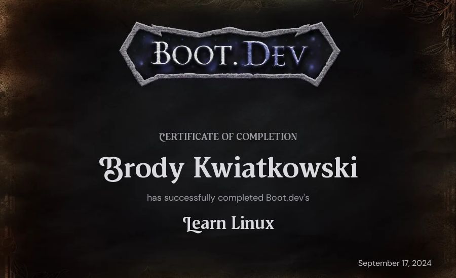 Brody Kwiatkowski's Boot.dev Learn Linux certificate