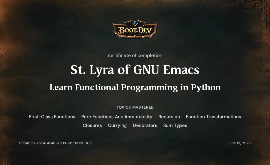St. Lyra of GNU Emacs's Boot.dev Learn Functional Programming in Python certificate