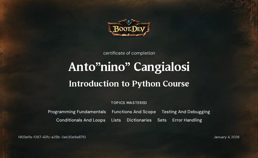 Anto"nino" Cangialosi's Boot.dev Introduction to Python Course certificate