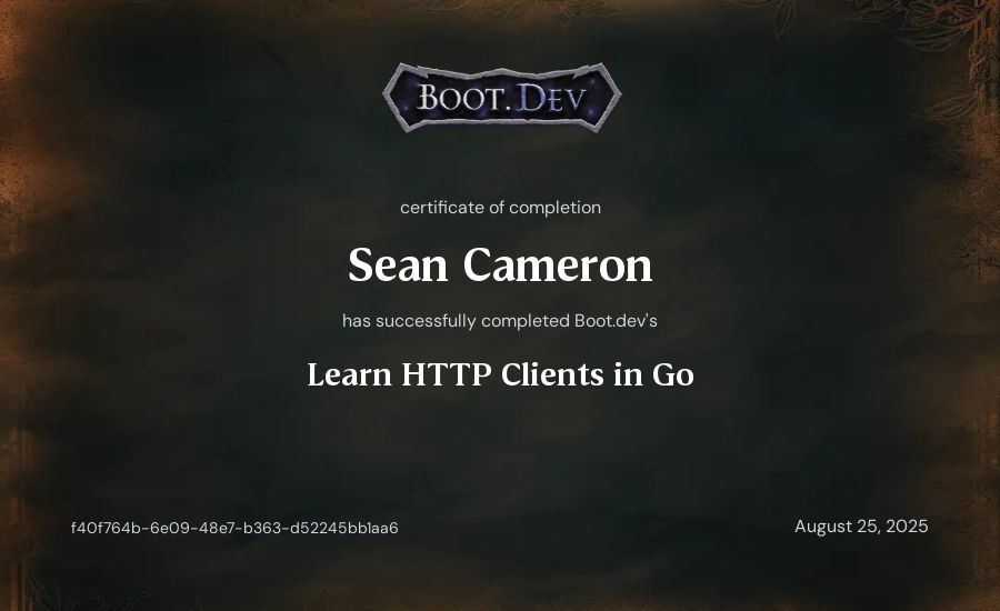Sean Cameron's Boot.dev Learn HTTP Clients in Go certificate