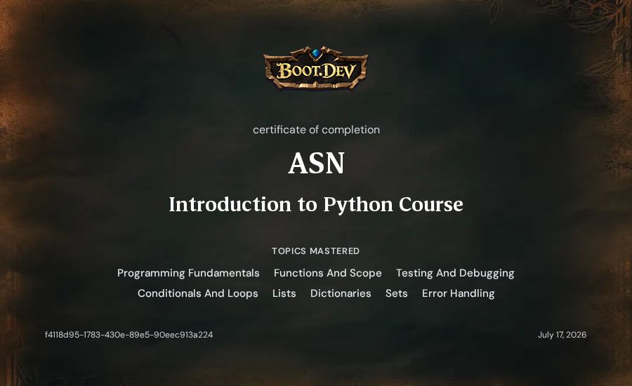 ASN's Boot.dev Introduction to Python Course certificate