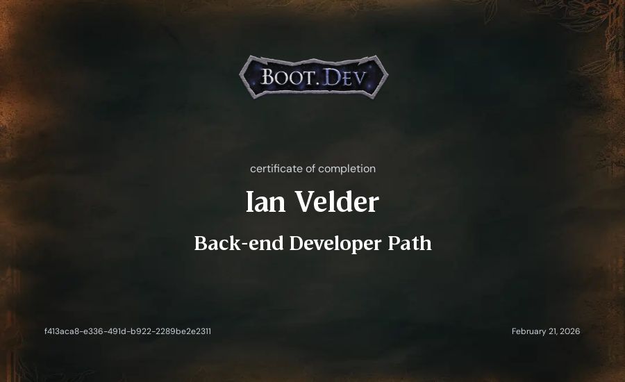 Ian Velder's Boot.dev Back-end Developer Path certificate