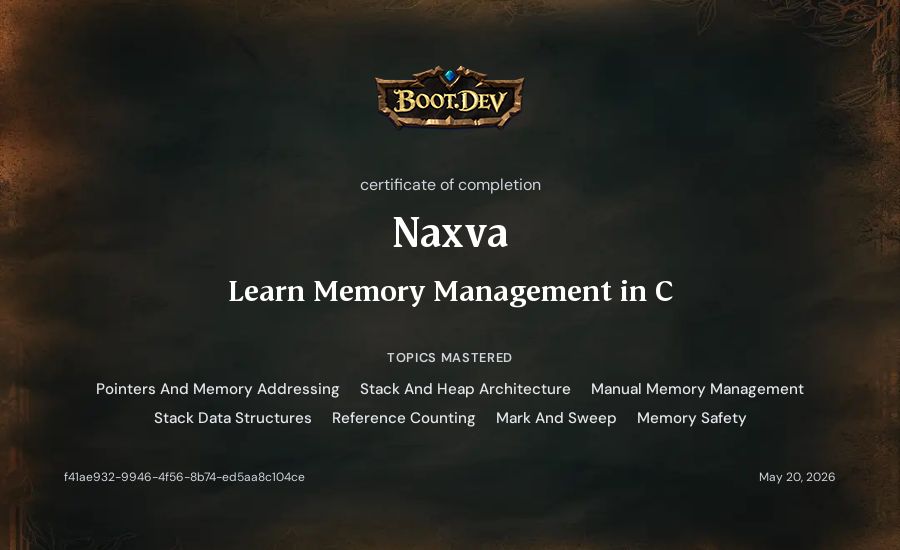 Naxva's Boot.dev Learn Memory Management in C certificate