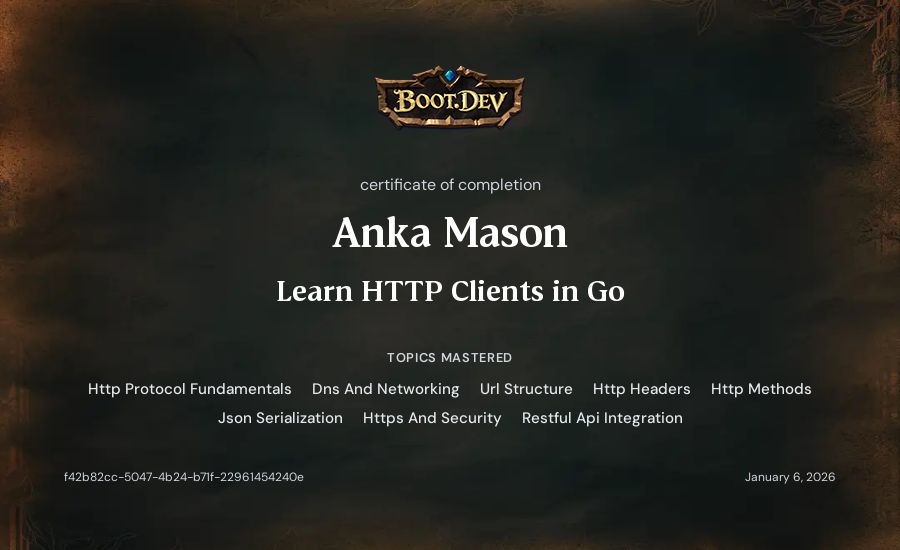 Anka Mason's Boot.dev Learn HTTP Clients in Go certificate