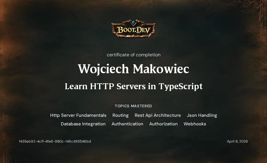 Wojciech Makowiec's Boot.dev Learn HTTP Servers in TypeScript certificate