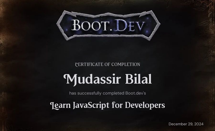 Mudassir Bilal's Boot.dev Learn JavaScript certificate