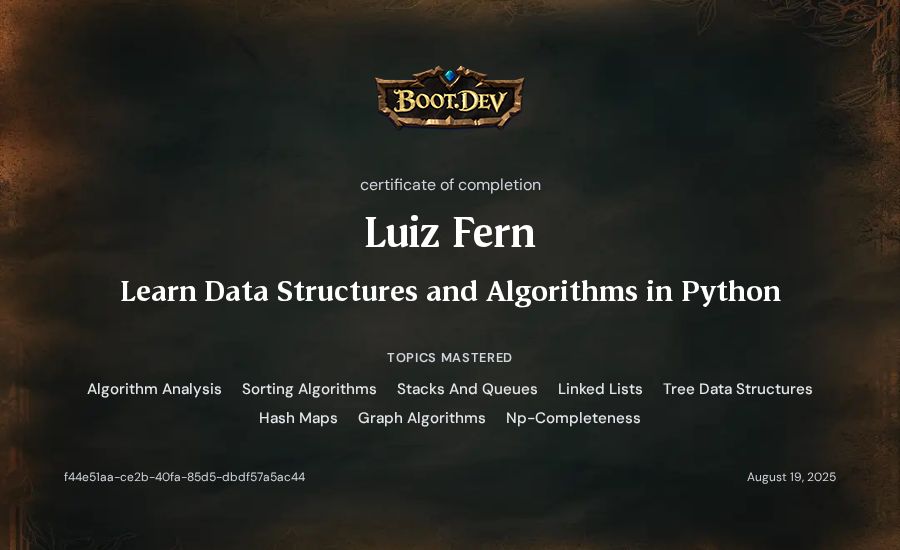 Luiz Fern's Boot.dev Learn Data Structures and Algorithms in Python certificate