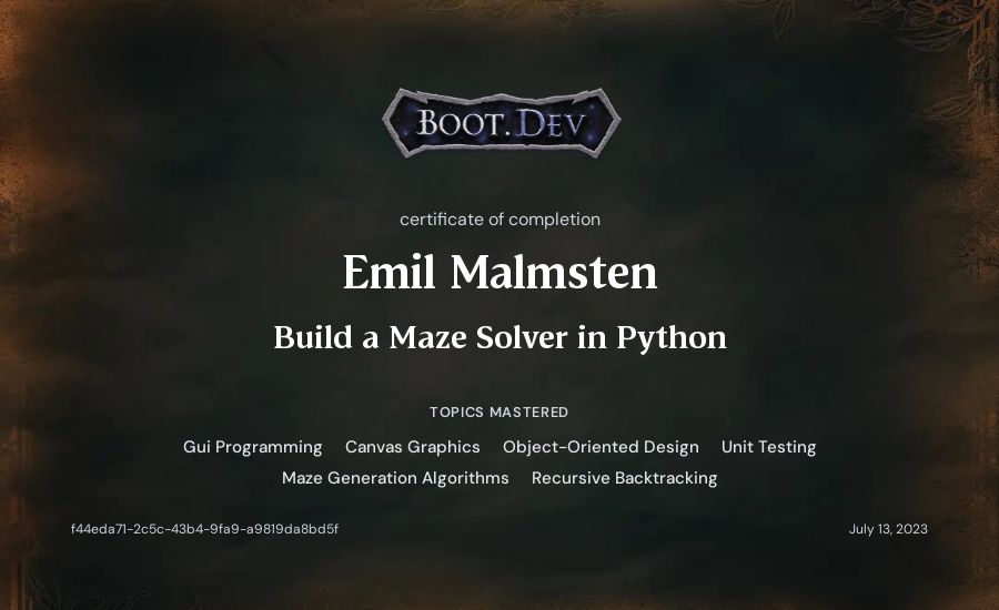Emil Malmsten's Boot.dev Build a Maze Solver in Python certificate