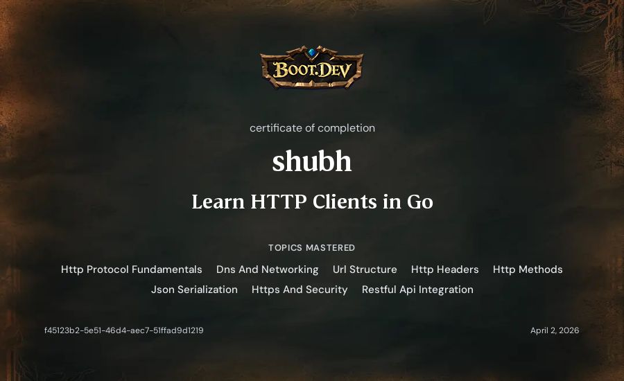 shubh's Boot.dev Learn HTTP Clients in Go certificate