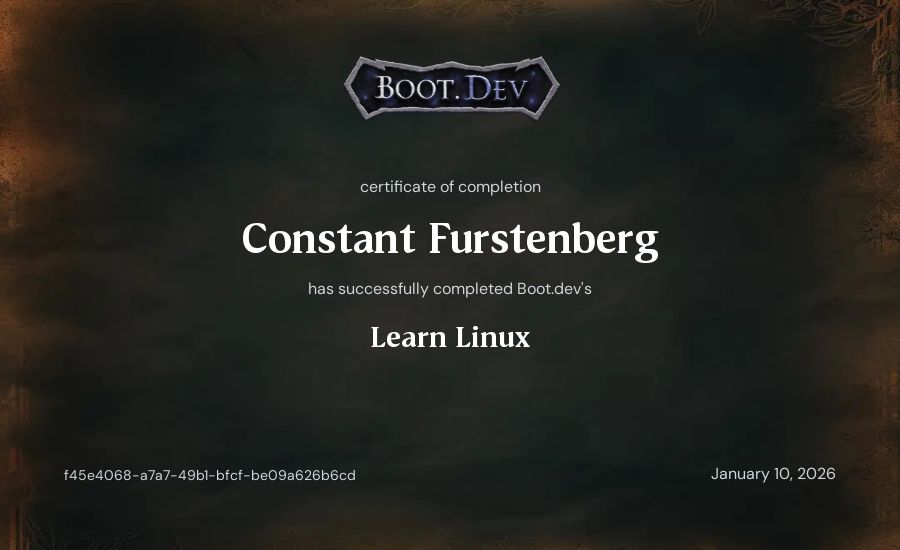 Constant Furstenberg's Boot.dev Learn Linux certificate