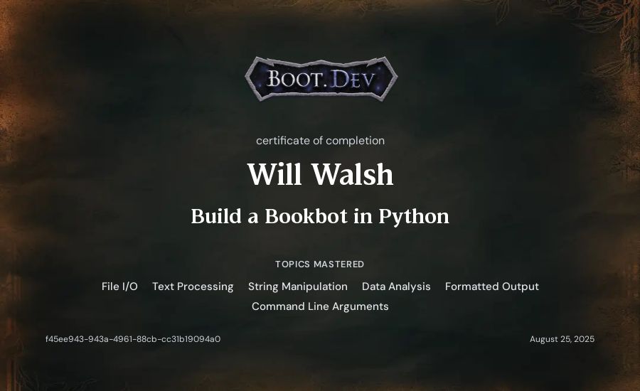 Will Walsh's Boot.dev Build a BookBot in Python certificate