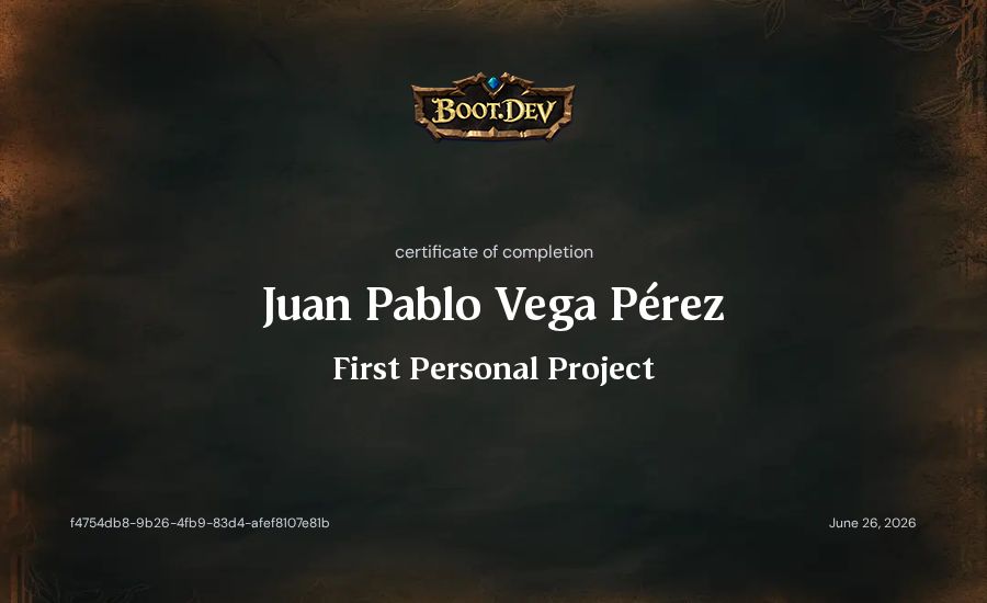 Juan Pablo Vega Pérez's Boot.dev First Personal Project certificate