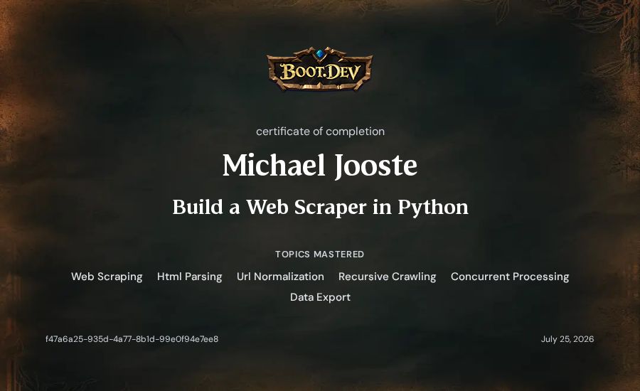 Michael Jooste's Boot.dev Build a Web Scraper in Python certificate