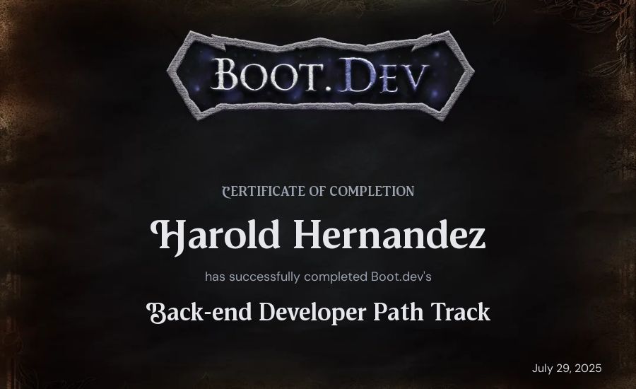 Harold Hernandez's Boot.dev Back-end Developer Path certificate