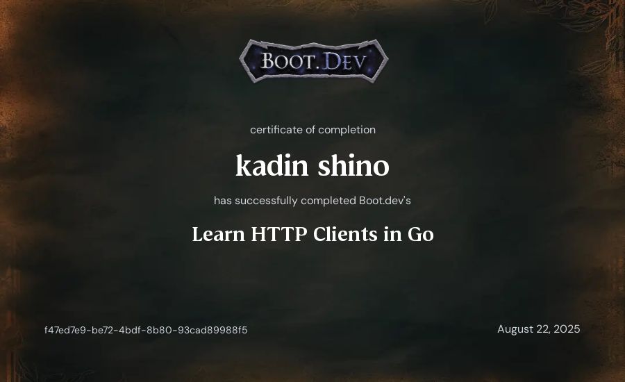 kadin shino's Boot.dev Learn HTTP Clients in Go certificate