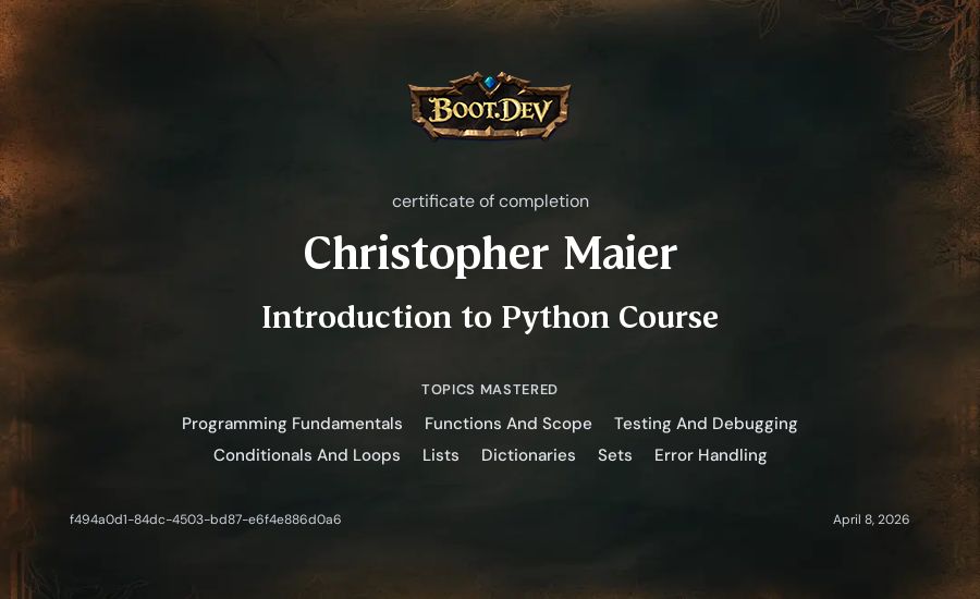 Christopher Maier's Boot.dev Introduction to Python Course certificate