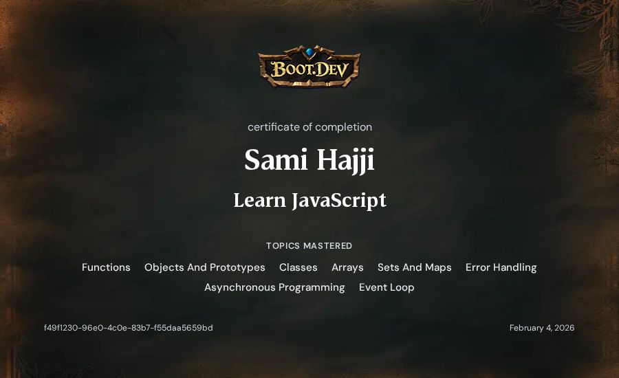 Sami Hajji's Boot.dev Learn JavaScript certificate