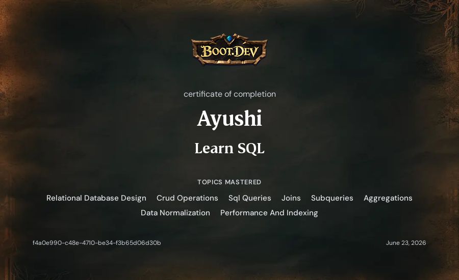 Ayushi's Boot.dev Learn SQL certificate
