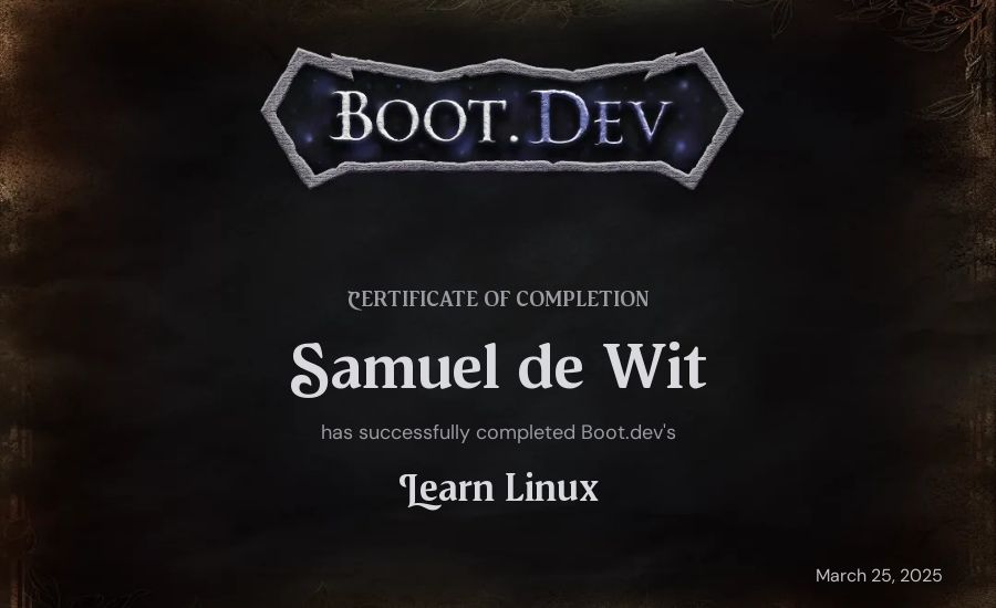 Samuel de Wit's Boot.dev Learn Linux certificate