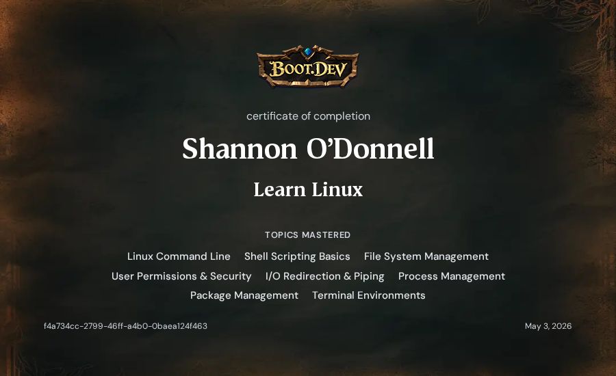 Shannon O'Donnell's Boot.dev Learn Linux certificate