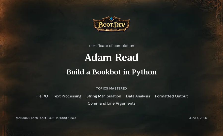 Adam Read's Boot.dev Build a BookBot in Python certificate