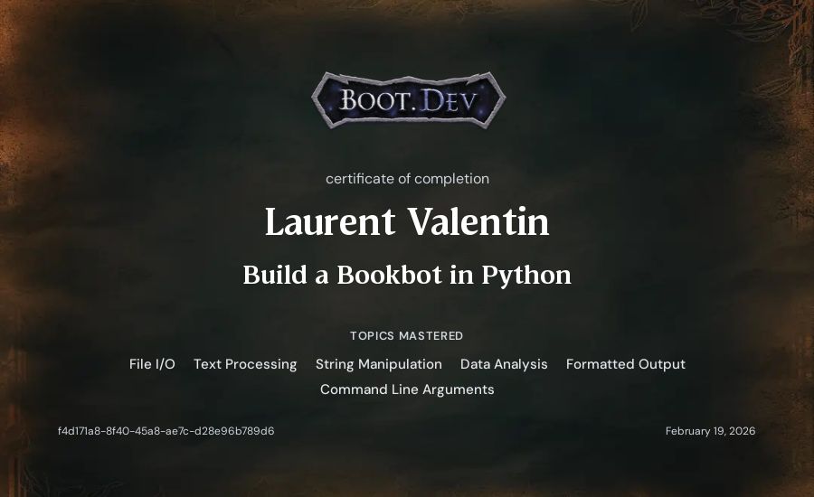 Laurent Valentin's Boot.dev Build a BookBot in Python certificate