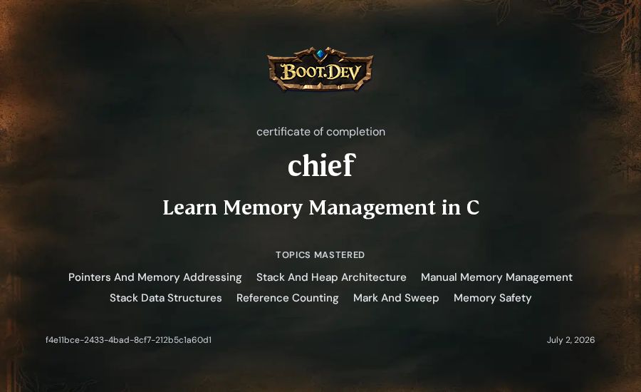 chief's Boot.dev Learn Memory Management in C certificate
