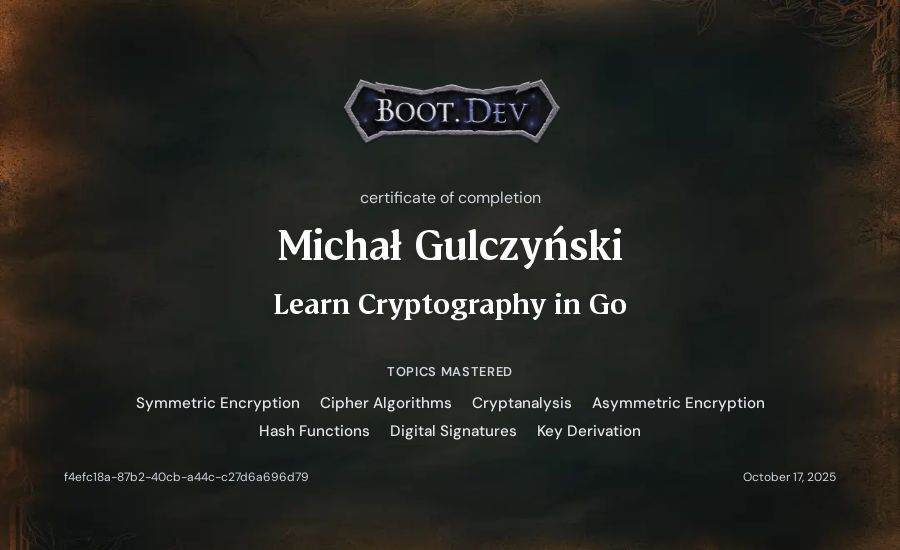 Michał Gulczyński's Boot.dev Learn Cryptography in Go certificate