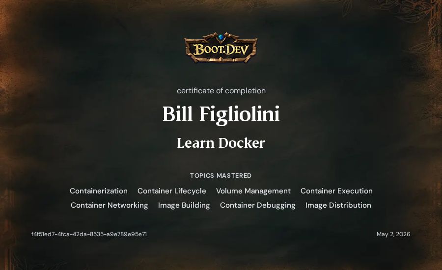 Bill Figliolini's Boot.dev Learn Docker certificate