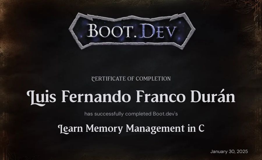 Fernando Franco's Boot.dev Learn Memory Management in C certificate