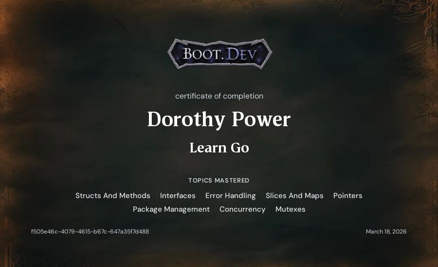 Dorothy Power's Boot.dev Learn Go certificate
