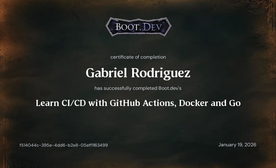Gabriel Rodriguez's Boot.dev Learn CI/CD with GitHub Actions, Docker and Go certificate