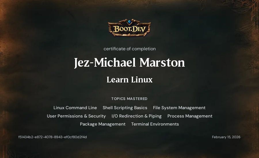 Jez-Michael Marston's Boot.dev Learn Linux certificate