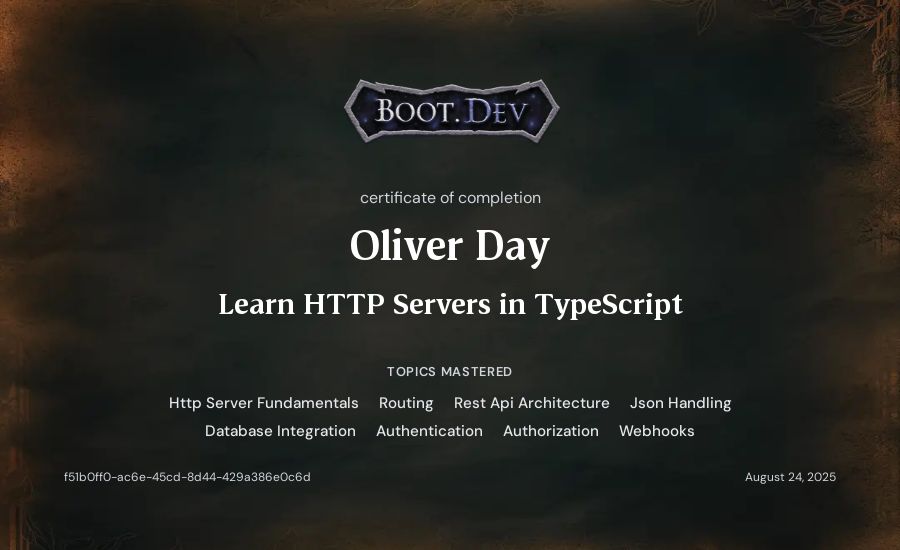 Oliver Day's Boot.dev Learn HTTP Servers in TypeScript certificate