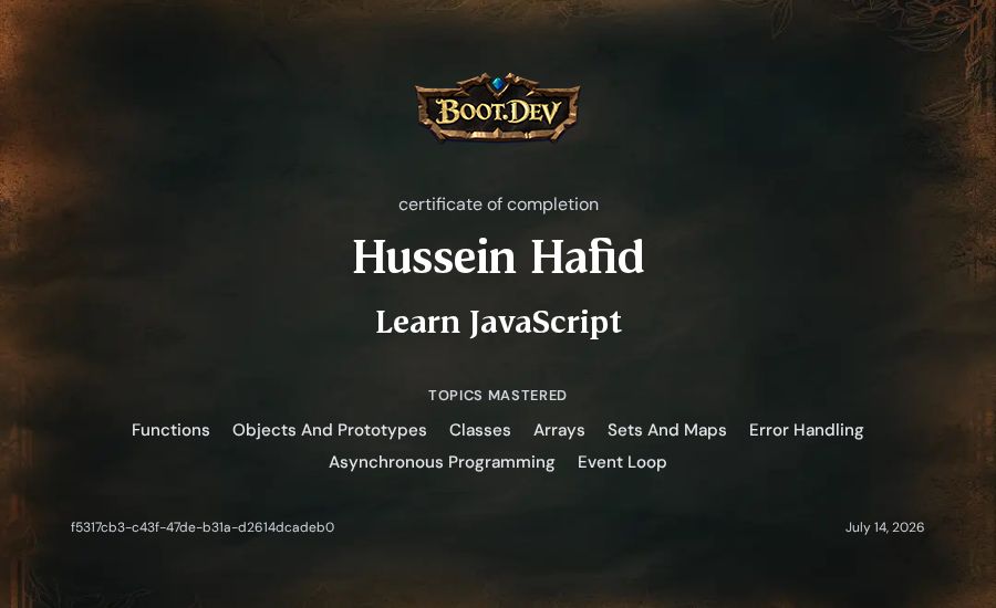 Hussein Hafid's Boot.dev Learn JavaScript certificate
