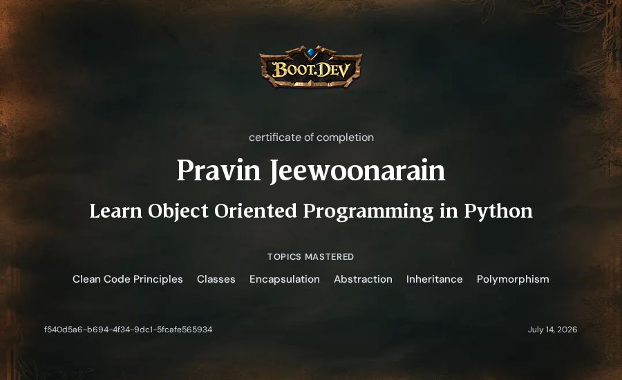 Pravin Jeewoonarain's Boot.dev Learn Object Oriented Programming in Python certificate