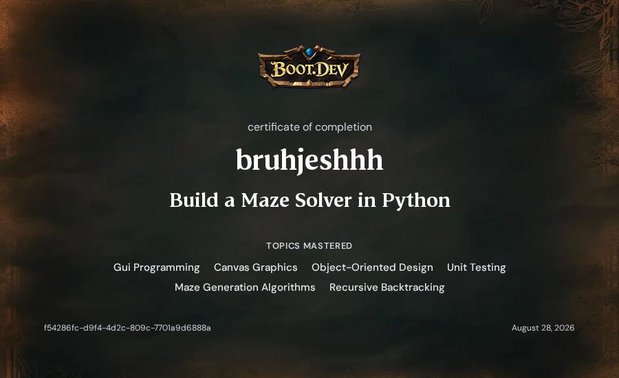 bruhjeshhh's Boot.dev Build a Maze Solver in Python certificate