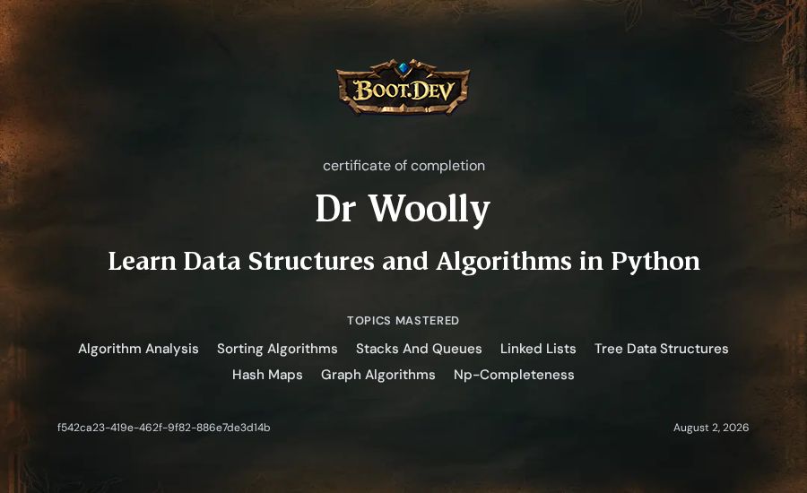 Dr Woolly's Boot.dev Learn Data Structures and Algorithms in Python certificate