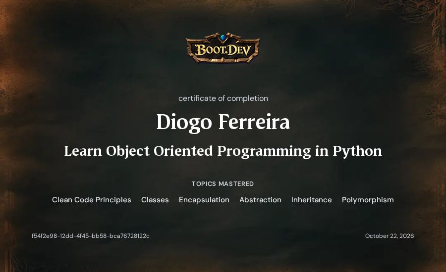 Diogo Ferreira's Boot.dev Learn Object Oriented Programming in Python certificate