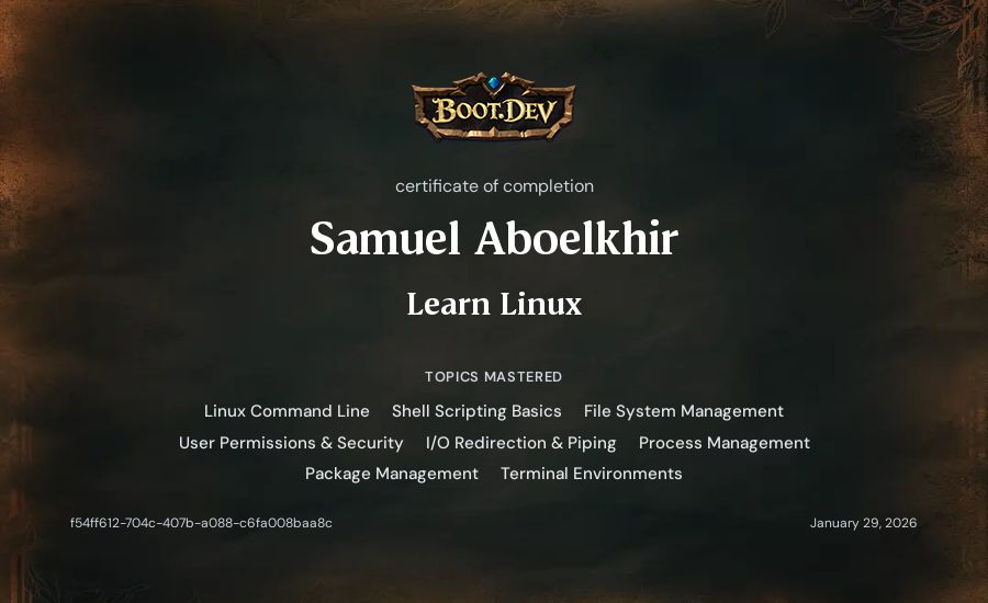 Samuel Aboelkhir's Boot.dev Learn Linux certificate