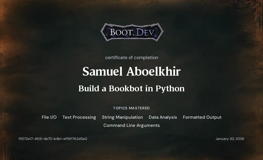 Samuel Aboelkhir's Boot.dev Build a BookBot in Python certificate