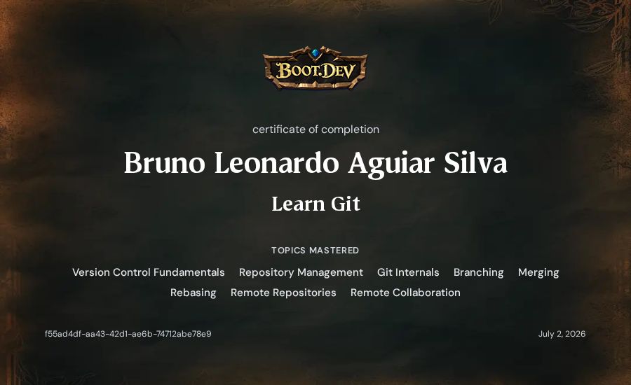 Bruno Leonardo Aguiar Silva's Boot.dev Learn Git certificate