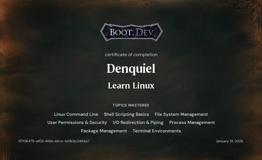 Denquiel's Boot.dev Learn Linux certificate