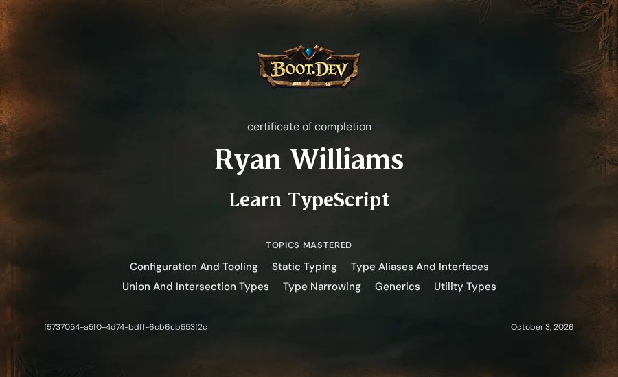 Ryan Williams's Boot.dev Learn TypeScript certificate