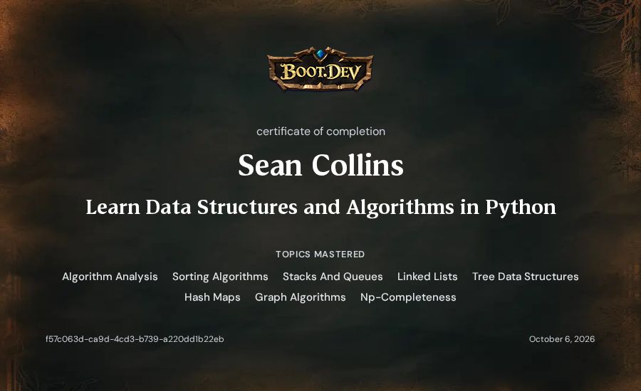 Sean Collins's Boot.dev Learn Data Structures and Algorithms in Python certificate